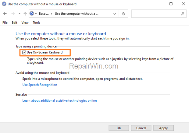 disable On-Screen keyboard at startup.