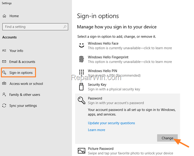 Change password in PC settings