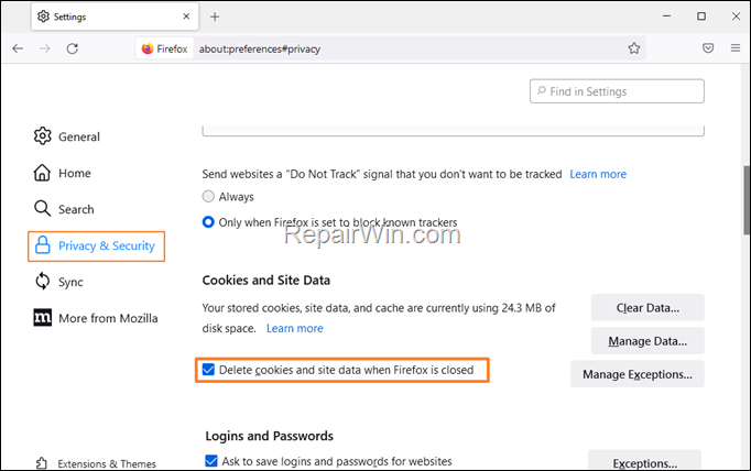 clear cookies and site data on exit firefox