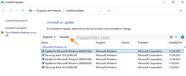 How to uninstall updates from programs-features