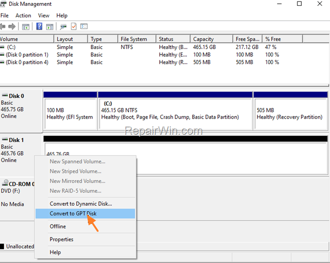 Convert MBR to GPT