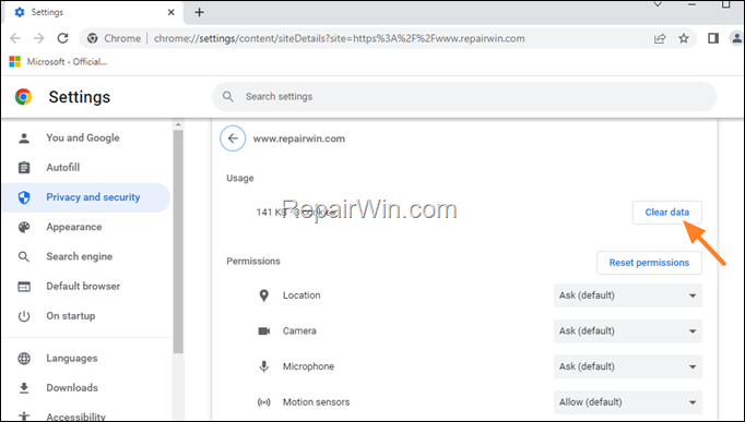 clear cookies and passwords for a specific site chrome