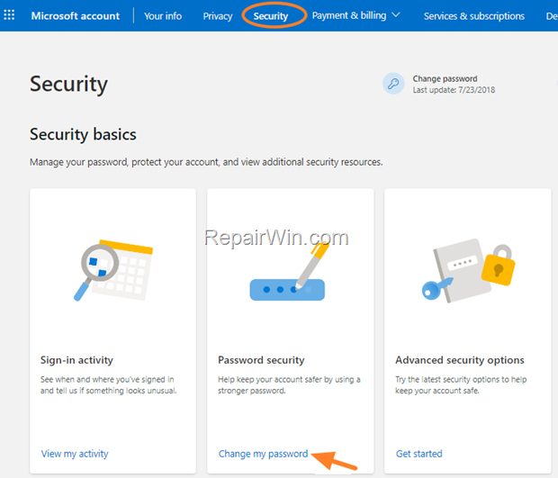 change microsoft account password