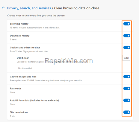 clear cookies and site data on exit edge