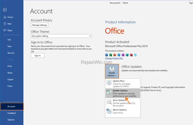Disable Office Updates