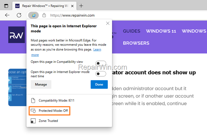 Protected Mode Off - IE Mode - Edge