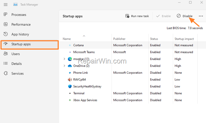 disable or enable startup apps