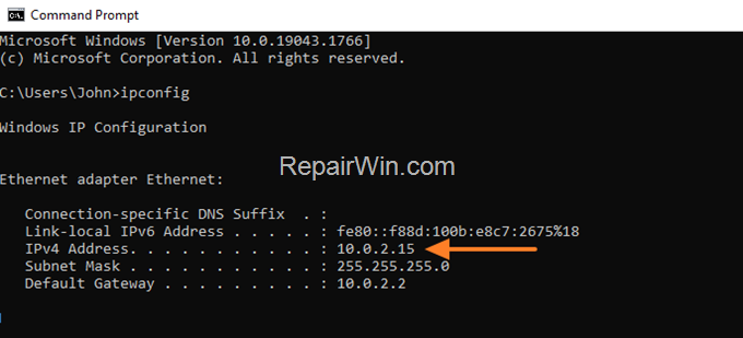 view local ip address command prompt