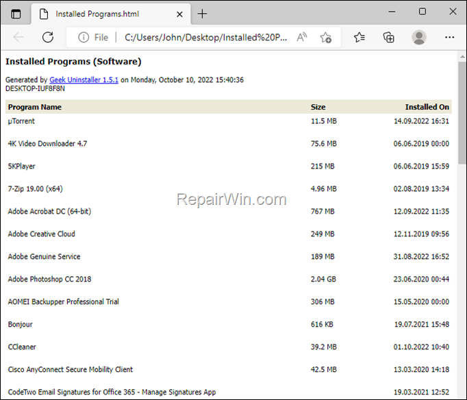 list of porgrams in HTML file