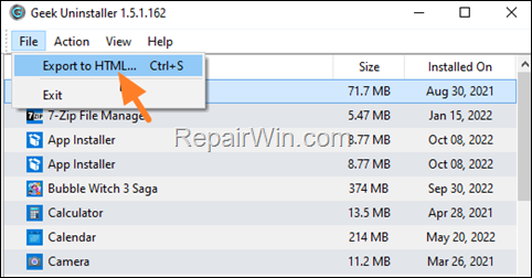 Export a list of Windows Store Apps with geek uninstaller