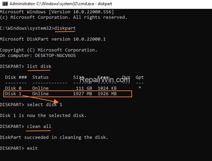 clean all partitions and attributes on disk