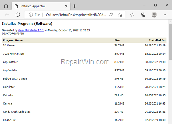 list of Windows Store Apps in HTML file