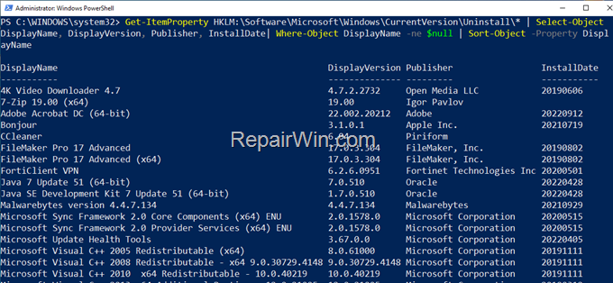 View list of installed programs in powershell