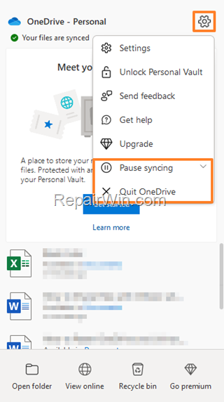 quit onedrive - pause syncing onedrive