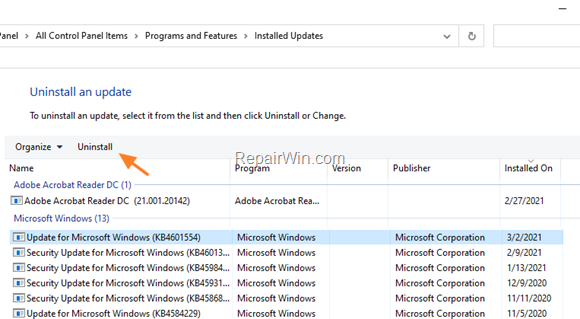 uninstall updates windows 10