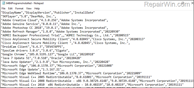 Get a list of 64 bit programs in TXT/CSV file