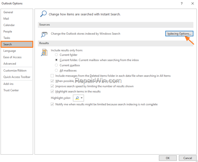 Outlook Indexing Options