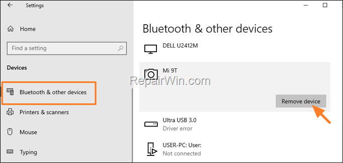 Remove device Windows 10