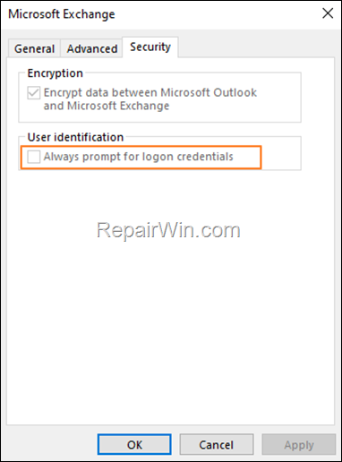 Outlook Always prompt for logon credentials is grayed out