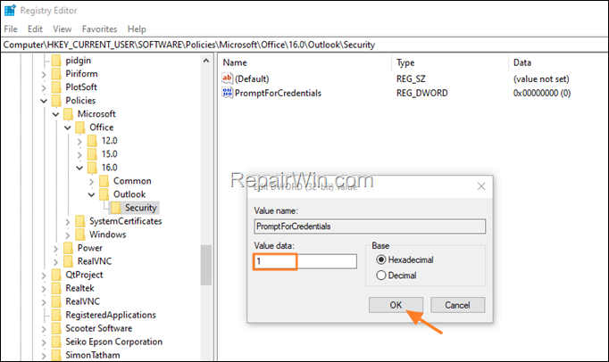 Force outlook to prompt for username password