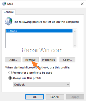 remove outlook profile