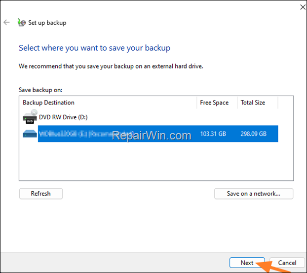 select backup destination