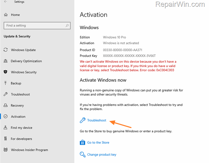 fix 0xC004C003 activation error