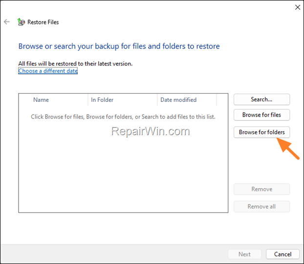 Restore files - Browse for folders