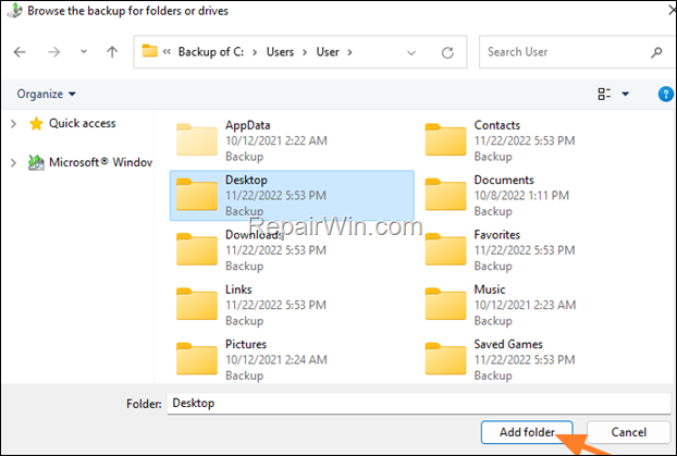 select files to restore from backup