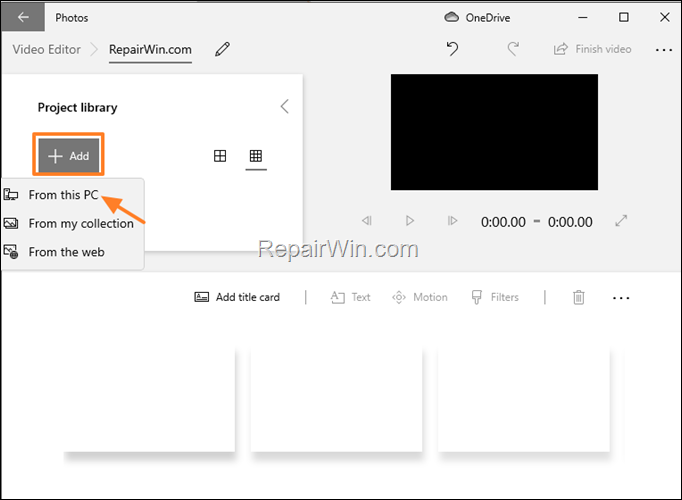 Add video to project library photos