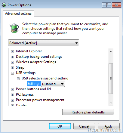 disable usb suspend settings