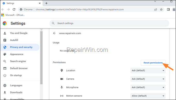 reset site permissions chrome