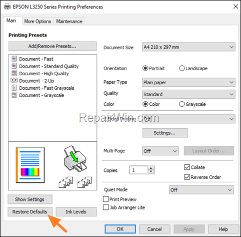 Reset Printer Settings