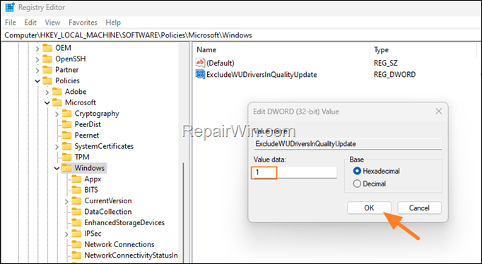 Disable driver updates in registry