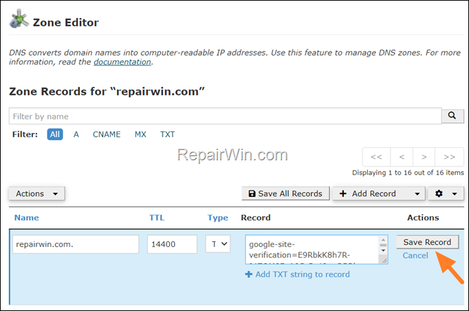 add txt record to verify domain cpanel in search console