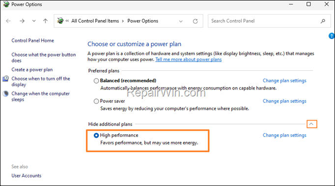 Adjust Power to High Performance