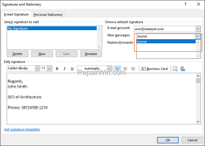 Cannot Choose Default Signature in Outlook