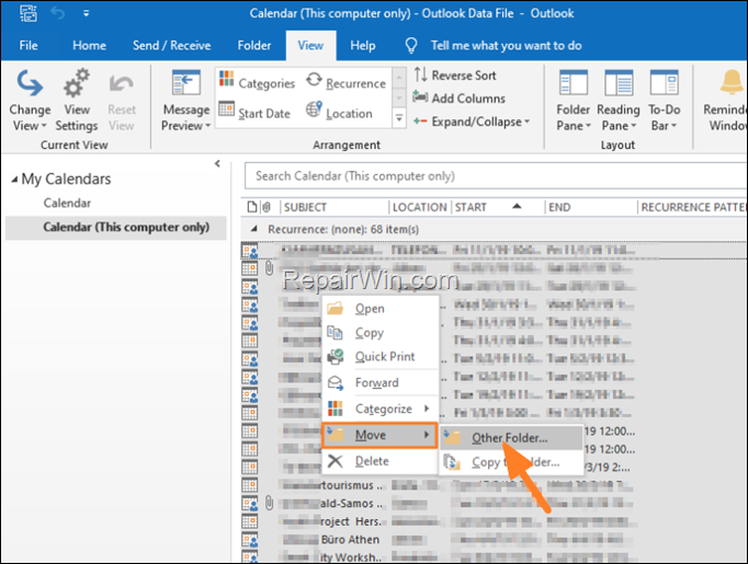 How to Move all Calendar items to another Calendar folder in Outlook