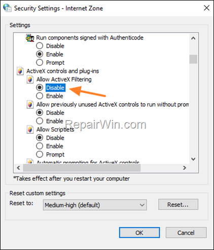 How to Disable ActiveX Filtering in Edge.