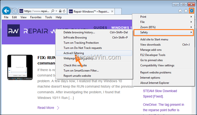 Enable ActiveX Filtering in Internet Explorer