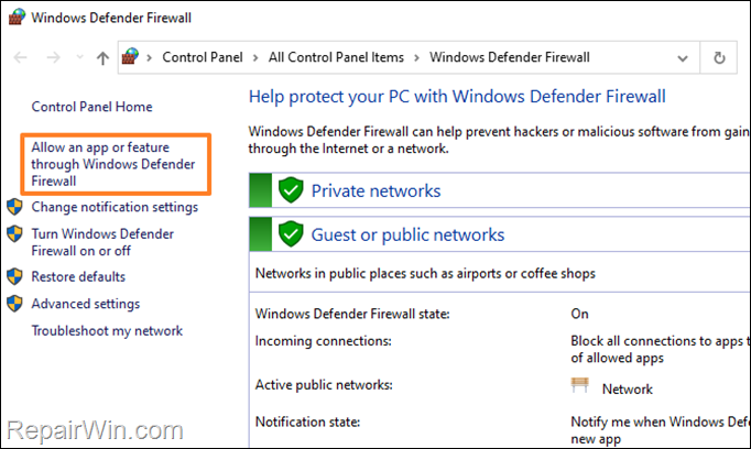 Allow an app or feature through Windows Defender Firewall.