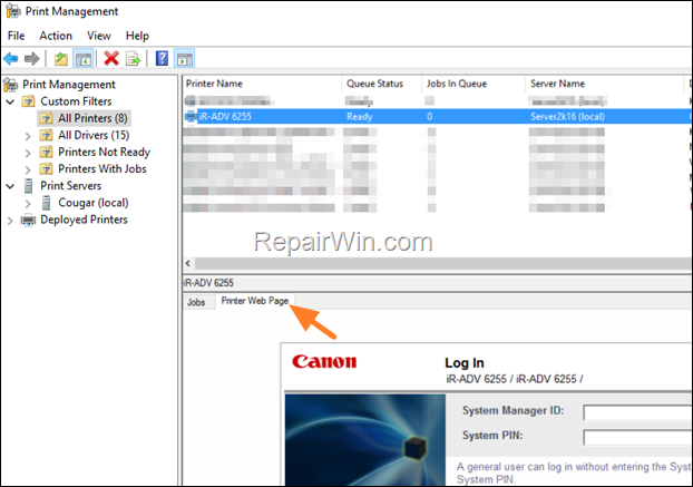 View WSD Printer Web Page