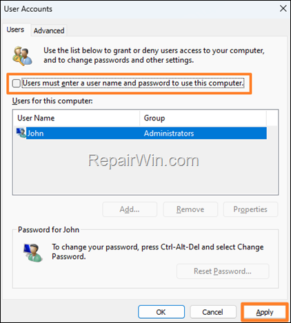 Disable Password Requirement in Windows 11