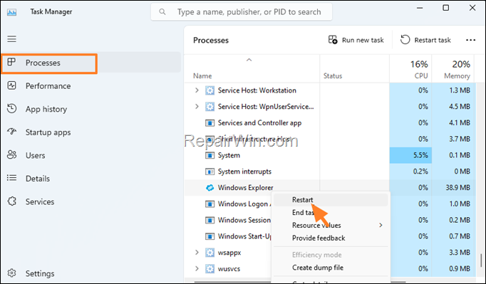 restart windows explorer