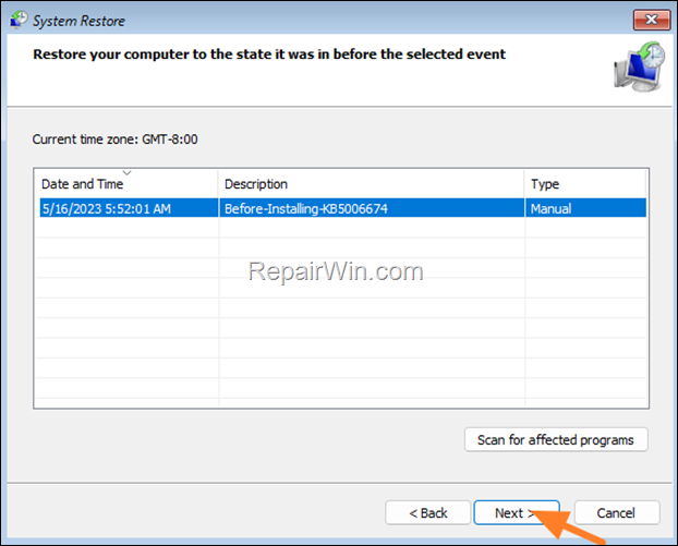 system restore