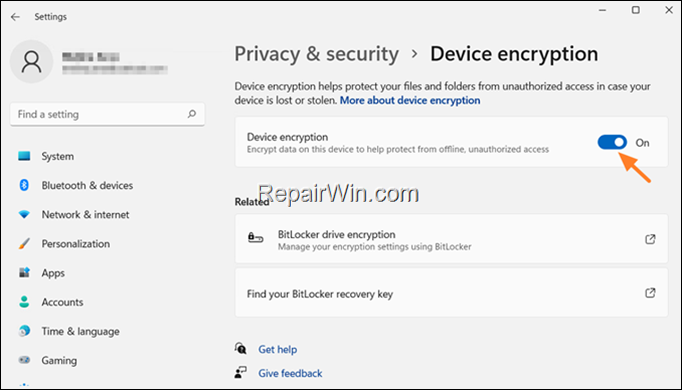 Turn OFF Device Encryption Windows 11