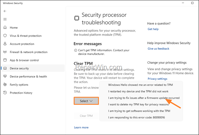 Clear TPM - Reset TPM to default settings