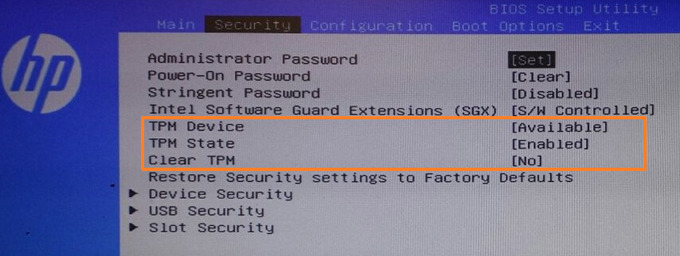 Reset-Clear TPM in BIOS - HP