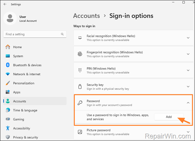 Sign-in options - Password