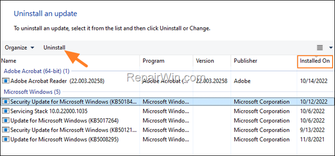 uninstall updates